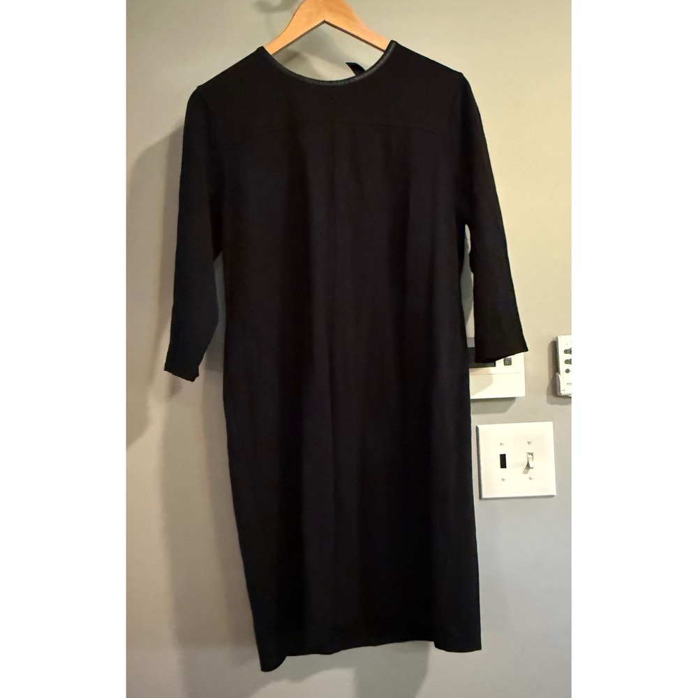 Lauren Ralph Lauren Sheath Dress Womens L Black Faux Leather Trim 3/4 Sleeve LBD